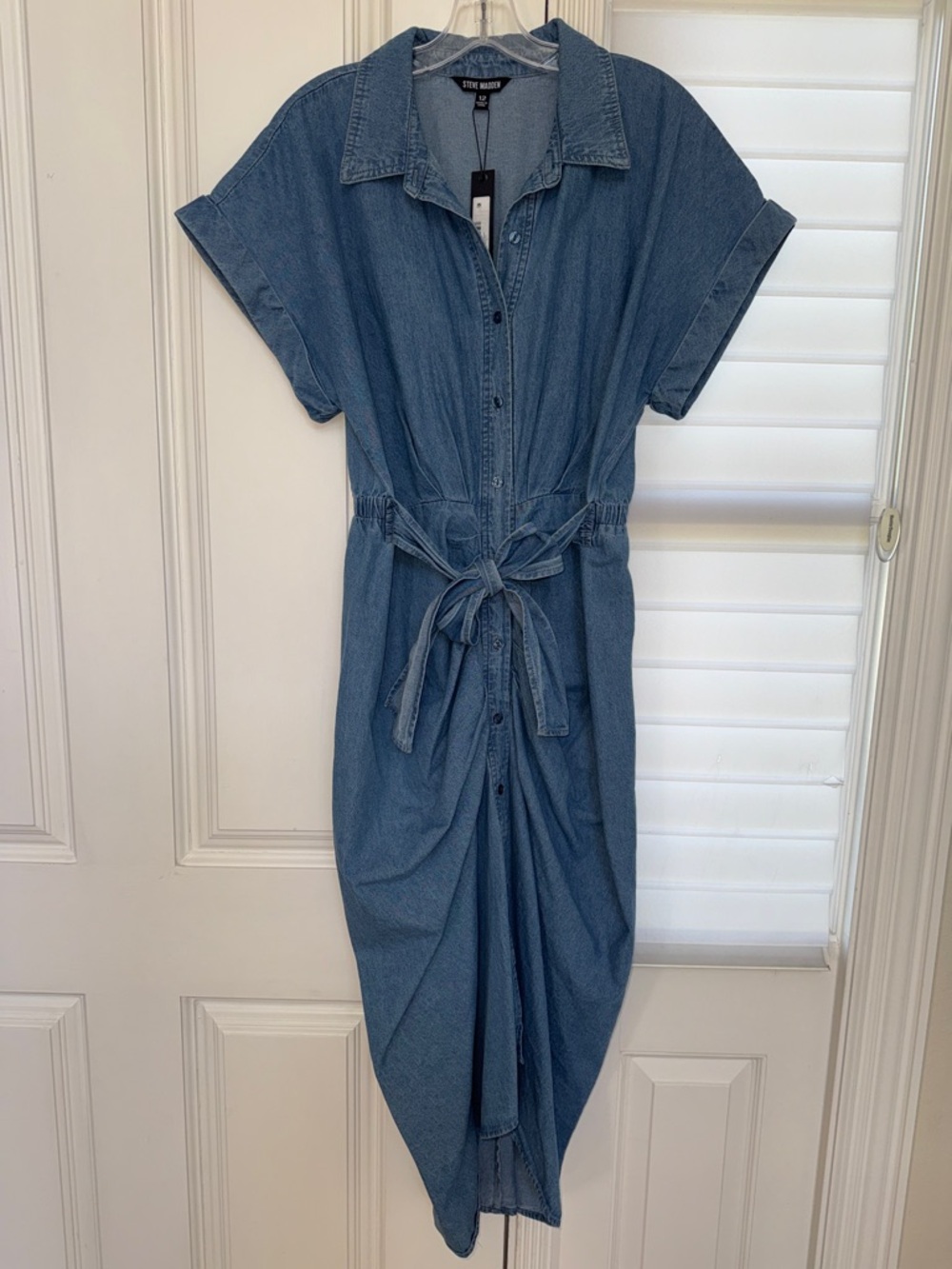 Steve Madden Denim Midi Shirt Dress in Blue with Tie Waist